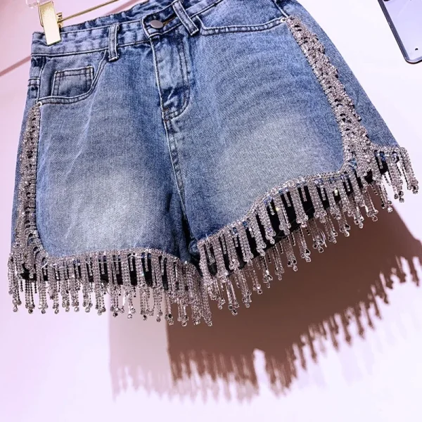 Rhinestone tassel high waisted denim shorts - Image 3