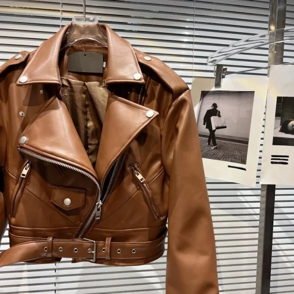 OUDINA New Fashion Winter Cropped Zipper Short PU Motorcycle Coat Woman's Leather Jacket - Image 5