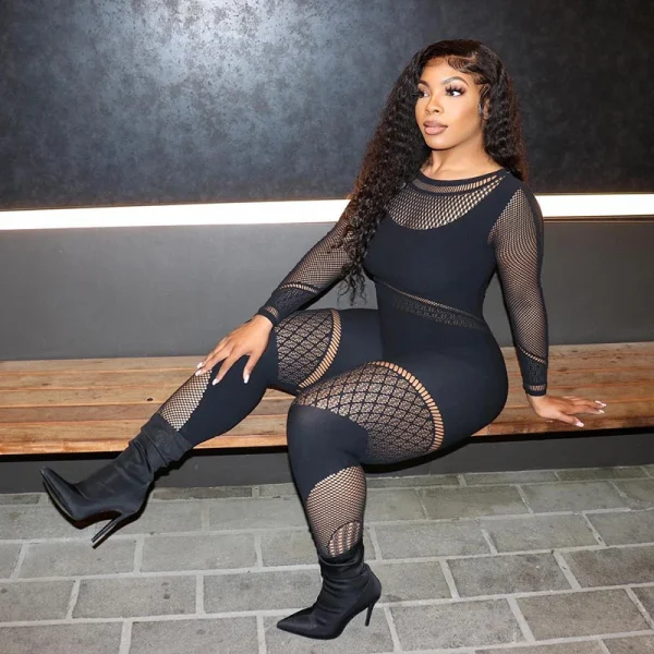 Cutenova K22JP373 Mesh Large Elastic Skinny Plus Size Playsuits & Bodysuit Sexy Jumpsuits For Women Rompers Women Jumpsuit - Image 4
