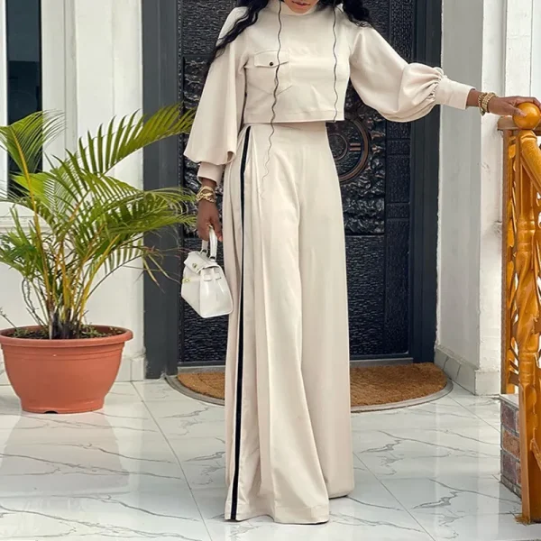 Women's 2023 Autumn New Large Loose Half High Neck Long Sleeve Top and Wide Leg Pants Casual Set - Image 2