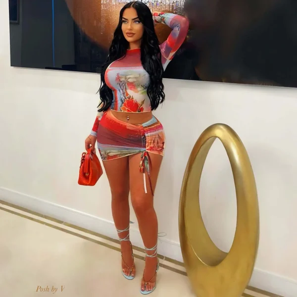 CUTENOVA 23ST092202  Autumn 2023 Sexy Club Printing Mesh Long Sleeve Crop Top And Skirt Two Piece Skirt Set - Image 2