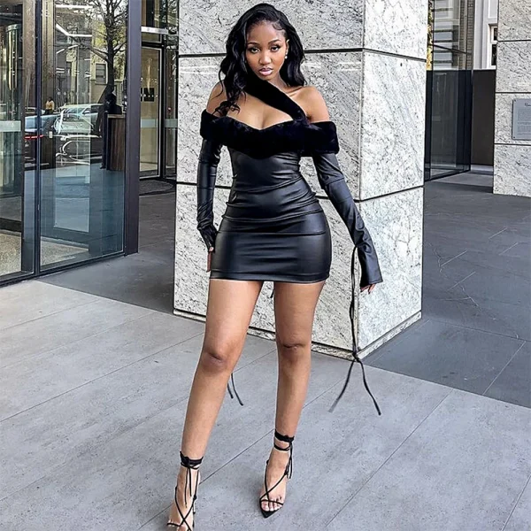Bomblook D23DS155 Streetwear Outfits Fur Shoulder Women Fall 2023 Pu Leather Party Club Sexy Mini Dress - Image 2