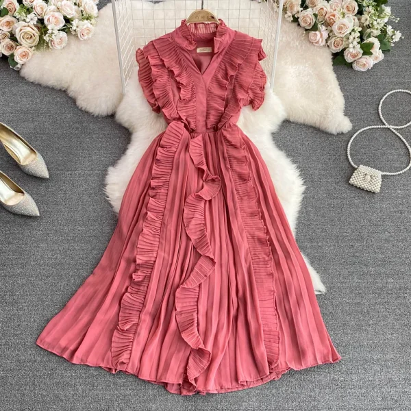 Boutique Wholesale 2023 Summer Premium Light Luxury V-neck Ruffles Waist Slim A-line Pleated Elegant Swing Dress - Image 6