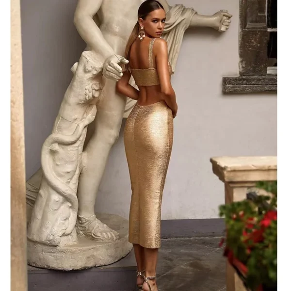 OUDINA New High-quality Luxury Sleeveless Backless Hollow Luxury Party Gold Dresses Dress Bandage - Image 2