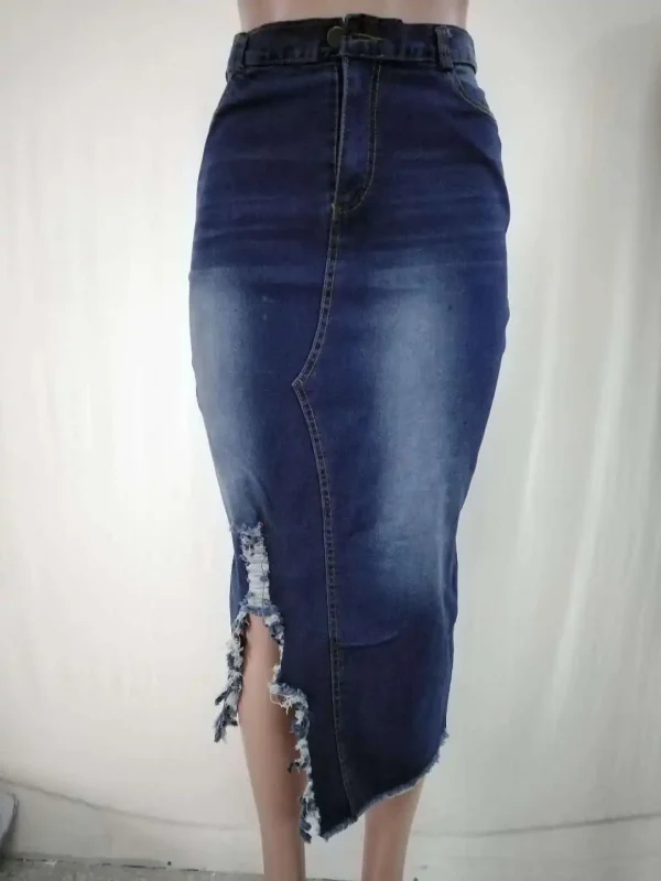 High Waist Washed Denim Slit Pack Hip Skirt - Image 5