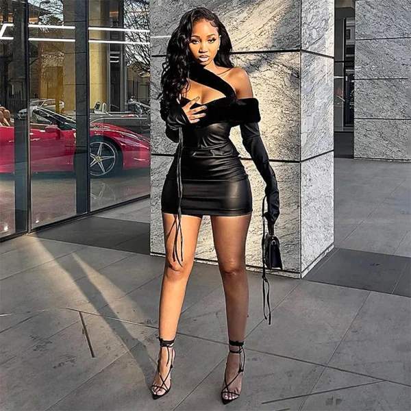 Bomblook D23DS155 Streetwear Outfits Fur Shoulder Women Fall 2023 Pu Leather Party Club Sexy Mini Dress - Image 6