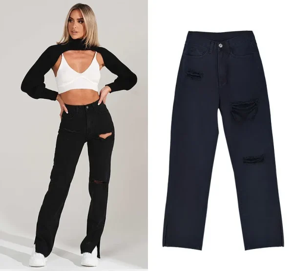 Women'S High Waist Straight-Leg Denim Trousers Ripped Jeans - Image 6