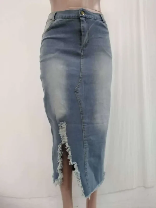 High Waist Washed Denim Slit Pack Hip Skirt - Image 6