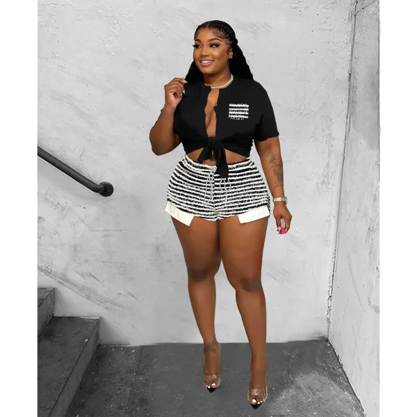 Cutenova MY23ST524 Amazon Hot-Selling Summer Sexy Striped Two-Piece Suit Plus Size Women'S Shorts Sets - Image 2