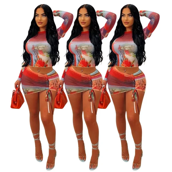 CUTENOVA 23ST092202  Autumn 2023 Sexy Club Printing Mesh Long Sleeve Crop Top And Skirt Two Piece Skirt Set