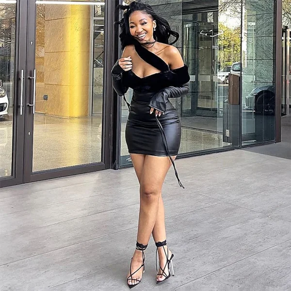 Bomblook D23DS155 Streetwear Outfits Fur Shoulder Women Fall 2023 Pu Leather Party Club Sexy Mini Dress - Image 5