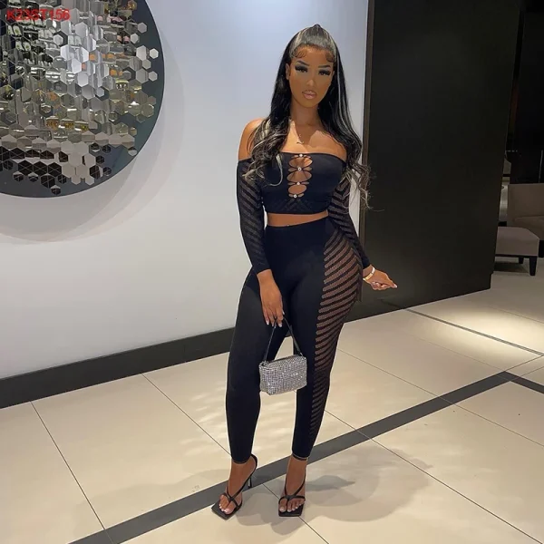Cutenova K23ST156 2023 New Arrivals One Shoulder Long Sleeve Hollow Sexy Two Piece Set Plus Size Women Clothing - Image 2