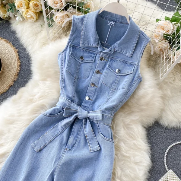 Retro Buckle Ties Waist Straight Wide Leg Pants Denim Jumpsuit - Image 4