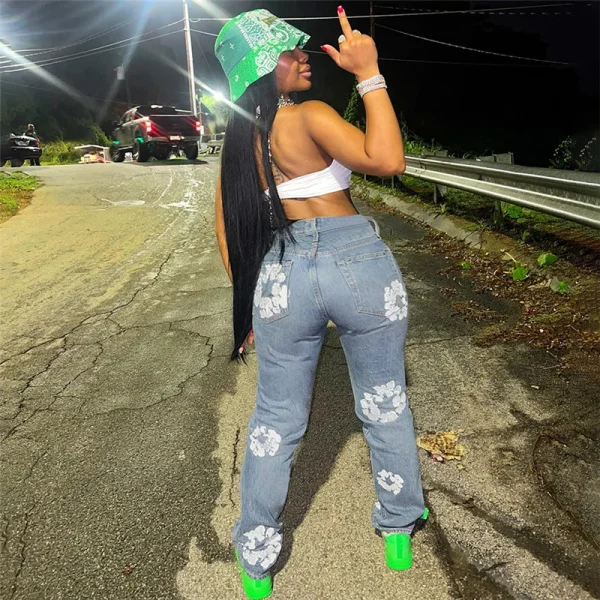 Bomblook QWPT17 Fall Flower Print Jeans Baggy Pants Women High Waist Fashion Pockets Pants Female Streetwear - Image 2