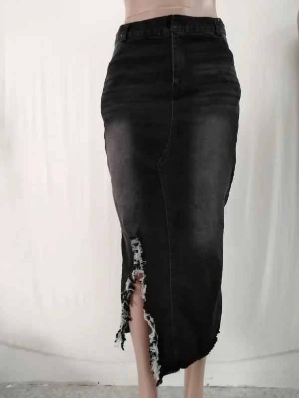 High Waist Washed Denim Slit Pack Hip Skirt - Image 4