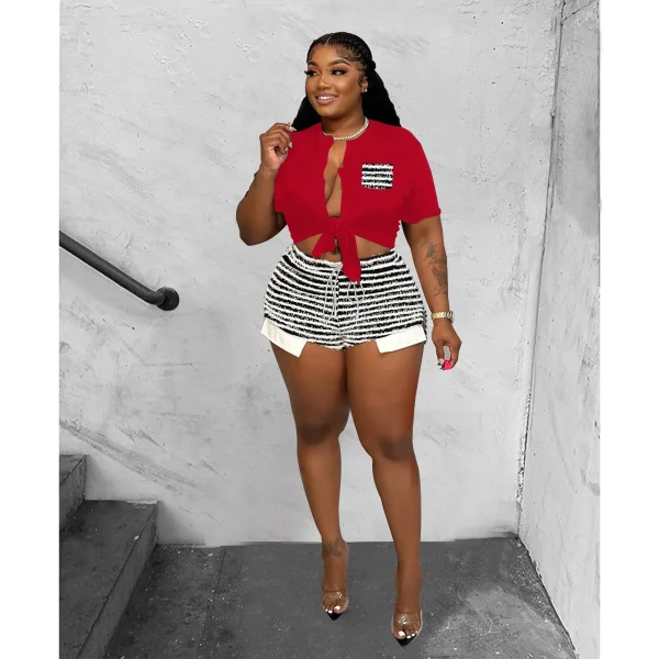 Cutenova MY23ST524 Amazon Hot-Selling Summer Sexy Striped Two-Piece Suit Plus Size Women'S Shorts Sets - Image 4