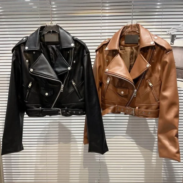 OUDINA New Fashion Winter Cropped Zipper Short PU Motorcycle Coat Woman's Leather Jacket
