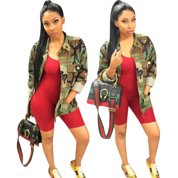 Hot Sale Women'S Green Long Jackets Plus Size Long Sleeve Camouflage Printed Tooling Jacket Women Camo Coat