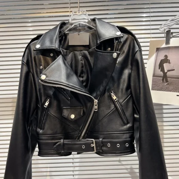 OUDINA New Fashion Winter Cropped Zipper Short PU Motorcycle Coat Woman's Leather Jacket - Image 3