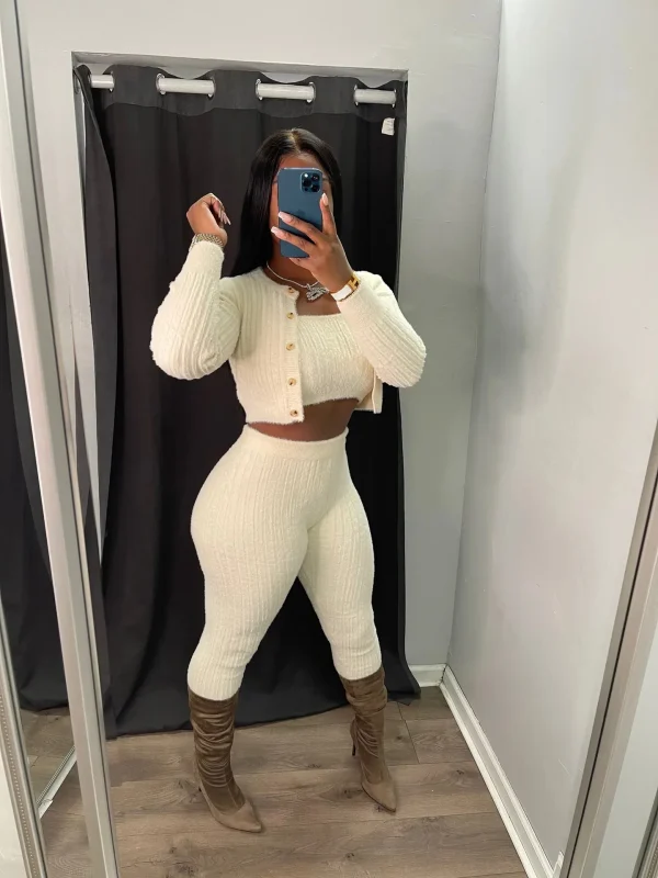 Bomblook C919ST Winter Loungerwear Knitting 3 Pieces Sets Cardigan With Tank Top Outfits Women Three Pieces Leggings Sets - Image 2