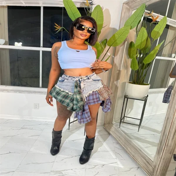 Cutenova 23SK0719 Summer 2023 Putchwork Irregular Denim Mini  Ladies Short Jeans Skirt Plus Size Women's Skirt - Image 2