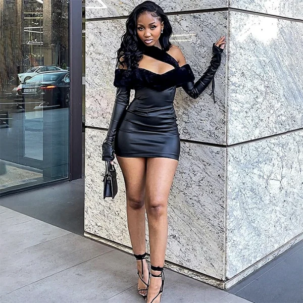 Bomblook D23DS155 Streetwear Outfits Fur Shoulder Women Fall 2023 Pu Leather Party Club Sexy Mini Dress