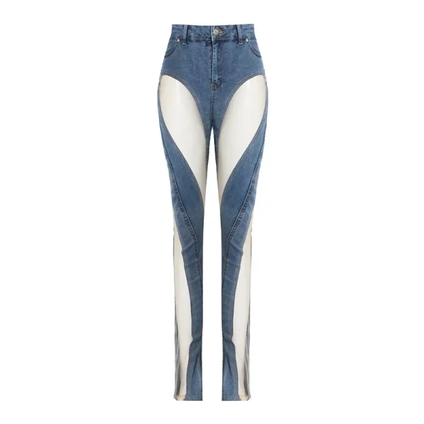 Design Women's New Fashion Sexy Mesh Splicing Open Front Jeans - Image 2