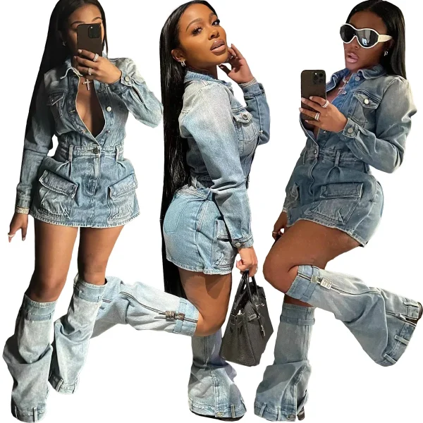 CUTENOVA 23ST100606 Sexy Autumn 2023 New Streetwear Denim Long Sleeve And Mini Skirt With Ankle Socks 2 Piece Skirt Women's Sets