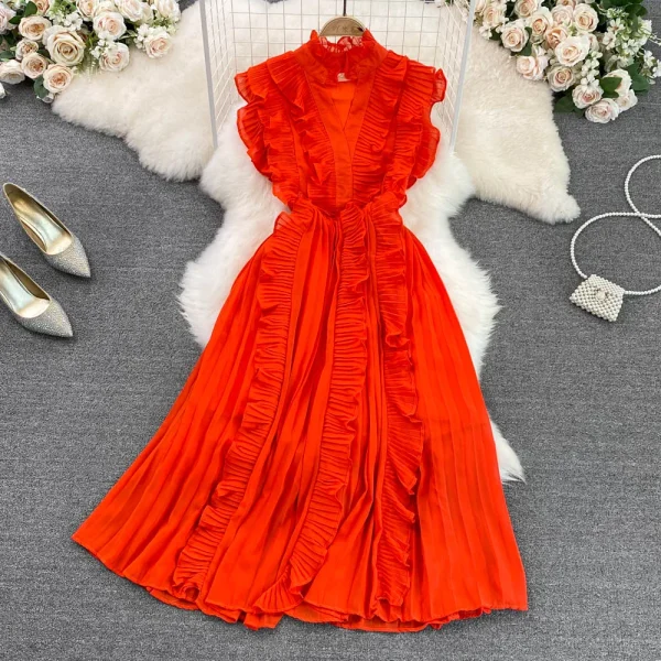Boutique Wholesale 2023 Summer Premium Light Luxury V-neck Ruffles Waist Slim A-line Pleated Elegant Swing Dress - Image 3