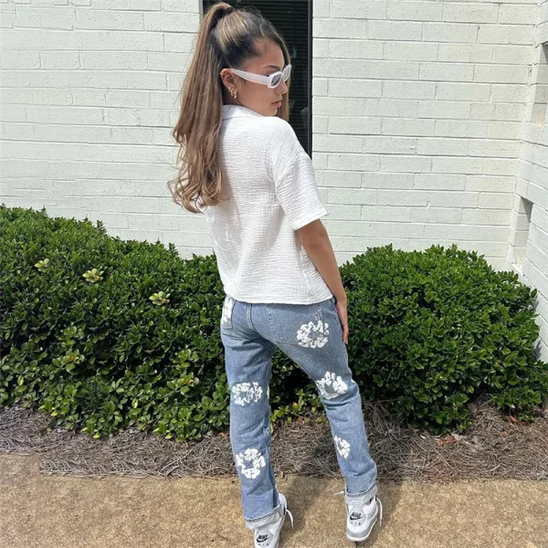 Bomblook QWPT17 Fall Flower Print Jeans Baggy Pants Women High Waist Fashion Pockets Pants Female Streetwear - Image 4