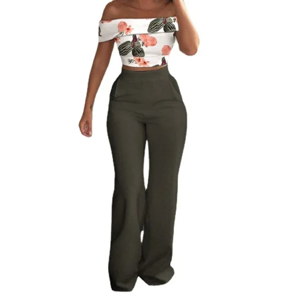 2022 Women's Pants Trousers Fashionable One-word Shoulder Top Wide Leg Pant 2 Piece Pants Set - Image 5