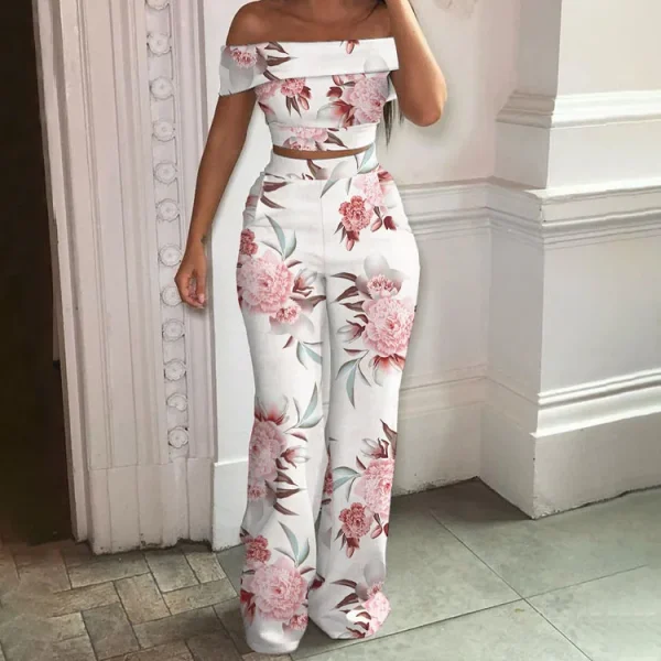 2022 Women's Pants Trousers Fashionable One-word Shoulder Top Wide Leg Pant 2 Piece Pants Set - Image 4