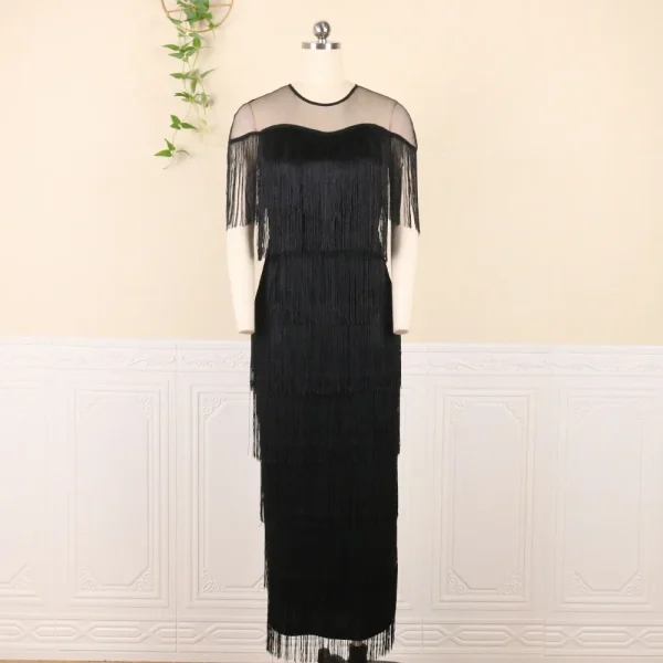 Plus Size Women Elegant Tassel Mesh Patchwork Bodycon Evening Party Midi Dress - Image 3