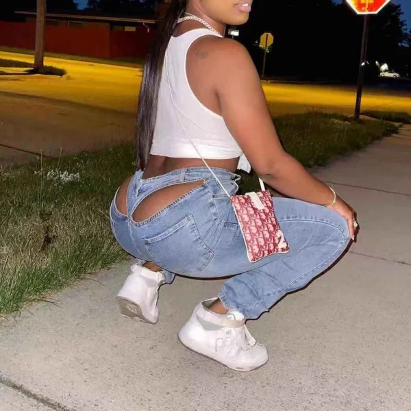Bomblook LCPT06 Cotton Light Blue Ripped Solid Straight Streetwear denim jeans women's pants women's jeans - Image 3