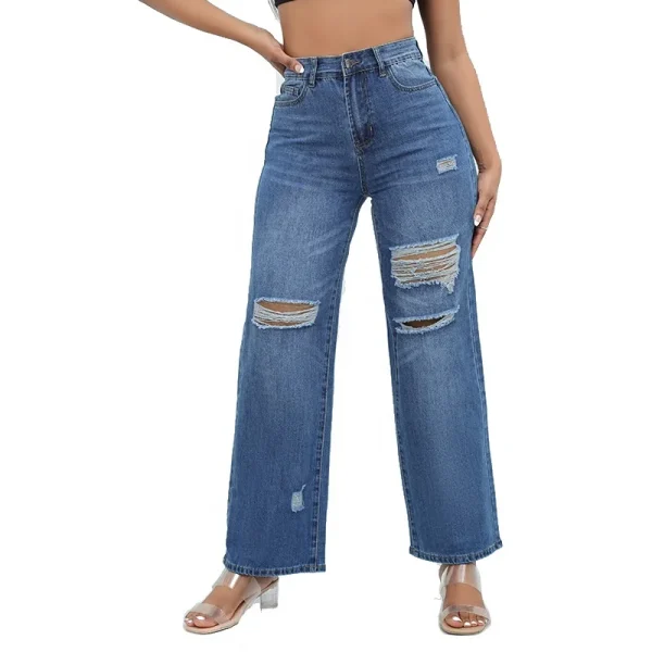 2023 High Quality Temperament Broken Hole Denim Wide Leg Jeans Female Factory Direct Sales Spot - Image 3
