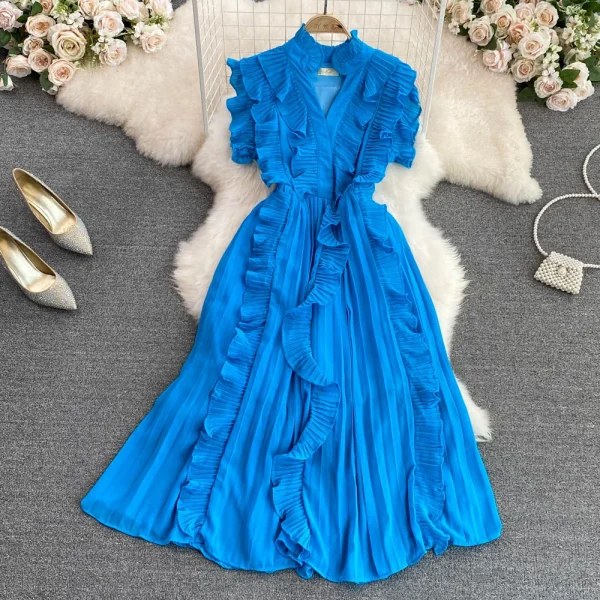 Boutique Wholesale 2023 Summer Premium Light Luxury V-neck Ruffles Waist Slim A-line Pleated Elegant Swing Dress - Image 2