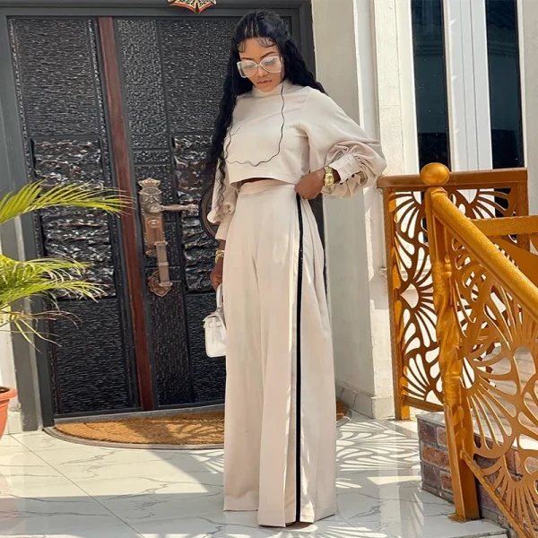 Women's 2023 Autumn New Large Loose Half High Neck Long Sleeve Top and Wide Leg Pants Casual Set - Image 3