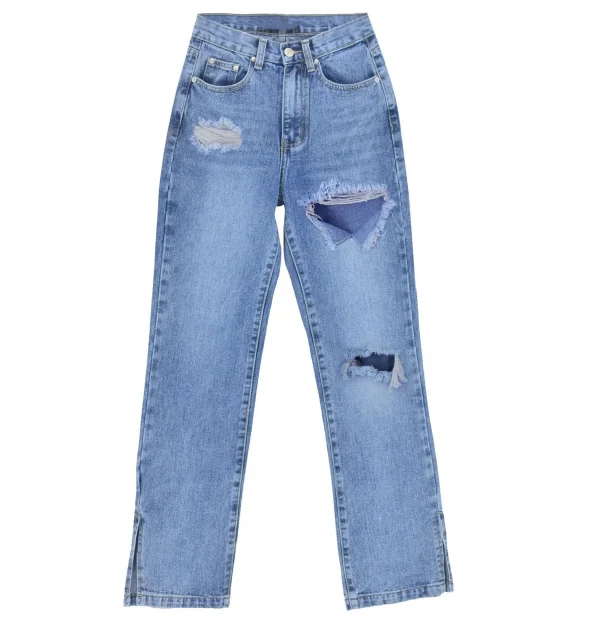 Women'S High Waist Straight-Leg Denim Trousers Ripped Jeans