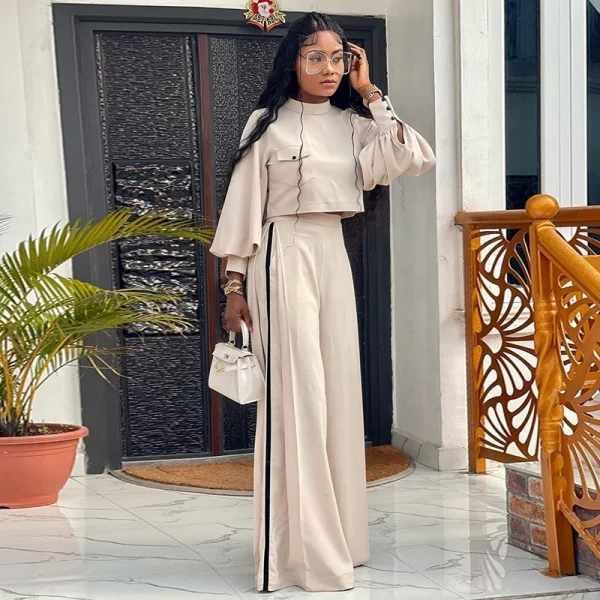 Women's 2023 Autumn New Large Loose Half High Neck Long Sleeve Top and Wide Leg Pants Casual Set