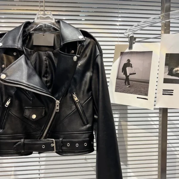 OUDINA New Fashion Winter Cropped Zipper Short PU Motorcycle Coat Woman's Leather Jacket - Image 4