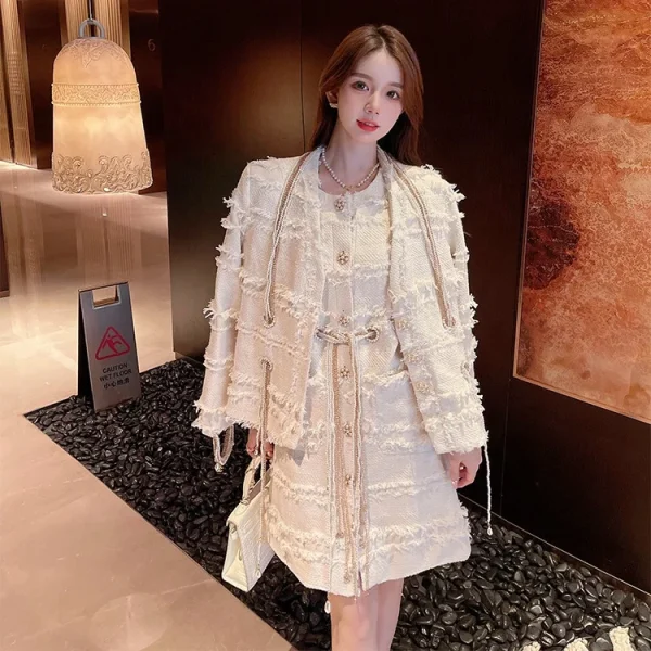 OUDINA High Quality Elegant Woman Set Coat And Dress Luxury 2 Piece Dress Winter Sets For Women
