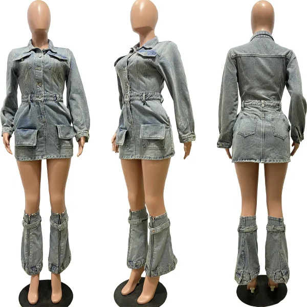 CUTENOVA 23ST100606 Sexy Autumn 2023 New Streetwear Denim Long Sleeve And Mini Skirt With Ankle Socks 2 Piece Skirt Women's Sets - Image 6