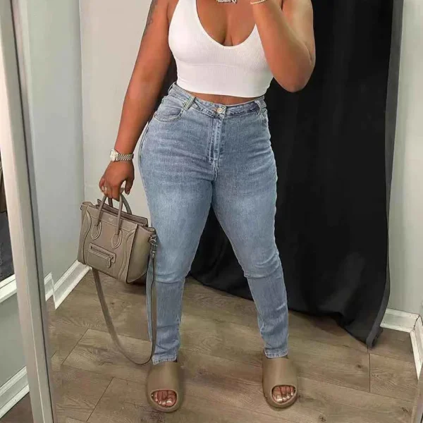 Bomblook LCPT06 Cotton Light Blue Ripped Solid Straight Streetwear denim jeans women's pants women's jeans - Image 2