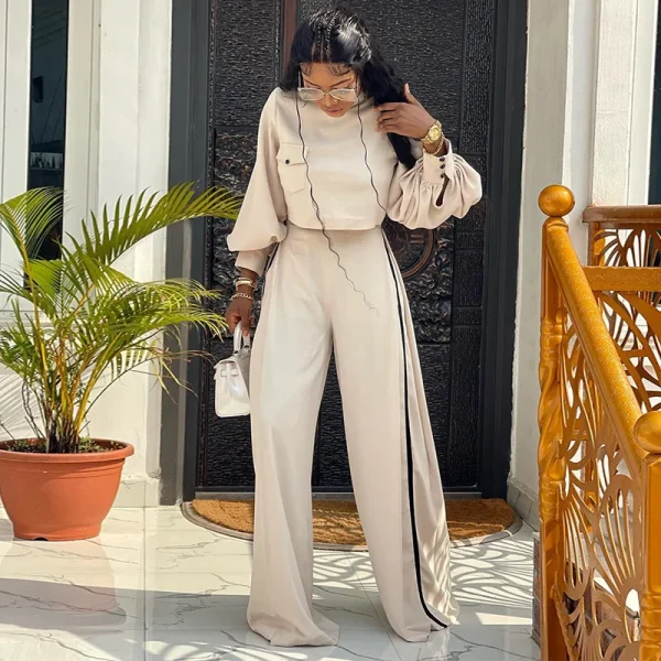 Women's 2023 Autumn New Large Loose Half High Neck Long Sleeve Top and Wide Leg Pants Casual Set - Image 4