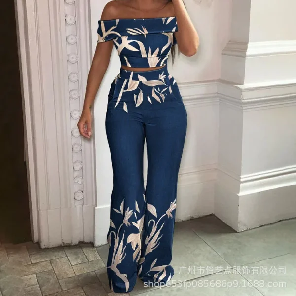 2022 Women's Pants Trousers Fashionable One-word Shoulder Top Wide Leg Pant 2 Piece Pants Set - Image 3