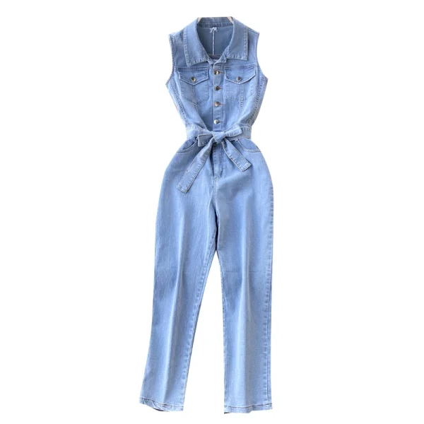 Retro Buckle Ties Waist Straight Wide Leg Pants Denim Jumpsuit - Image 6