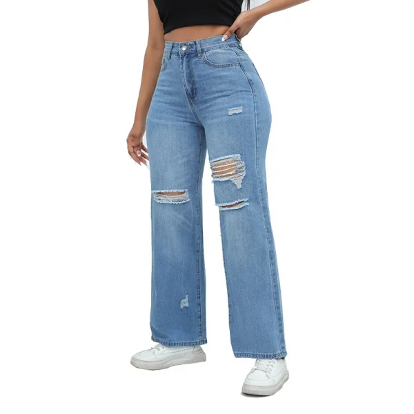 2023 High Quality Temperament Broken Hole Denim Wide Leg Jeans Female Factory Direct Sales Spot - Image 6