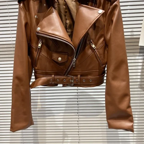OUDINA New Fashion Winter Cropped Zipper Short PU Motorcycle Coat Woman's Leather Jacket - Image 6