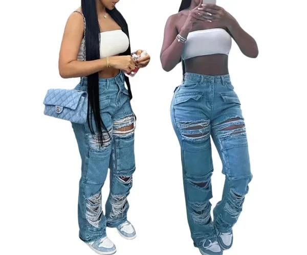Bomblook ASPT60 Ripped High Waist Jeans Pants For Men Outdoor Pants Denim Pants
