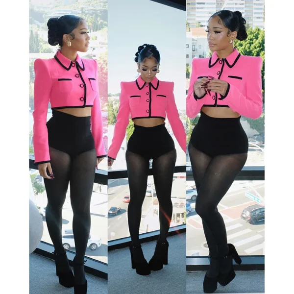 CUTENOVA 23ST101103 Fashion 2023 New Lady Style Color Contrast Long-Sleeved Short Jacket And Shorts 2 Piece Set